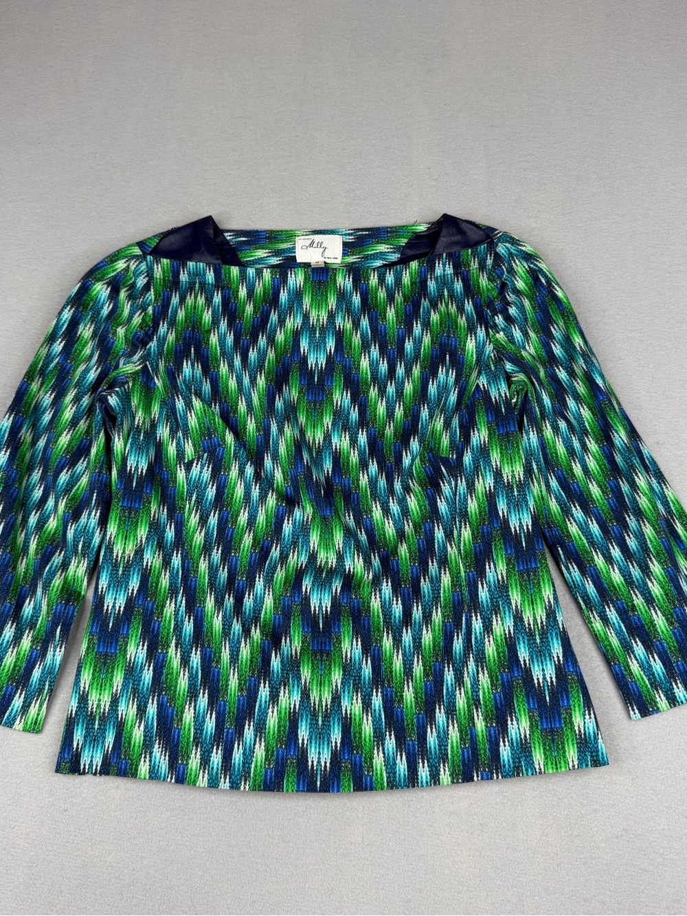 Milly Ikat Print Blouse Lamb Leather Trim Blue Green Top Women’s 0 USA